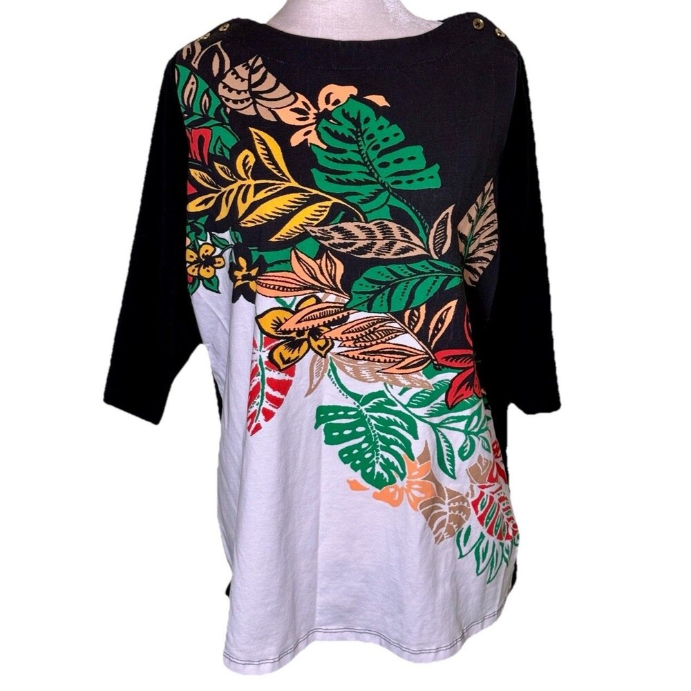 Women Tropical Leaf Print Top 3/4 Sleeve Boat Neck Island Resort Vacation Sz‎ 12